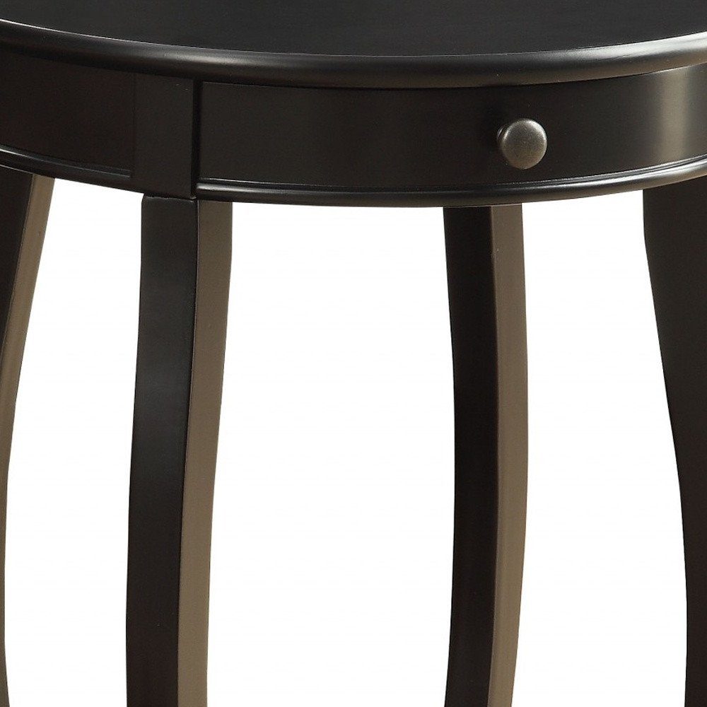 Black Wood Round End Table with Drawer and Shelf - 24-inch