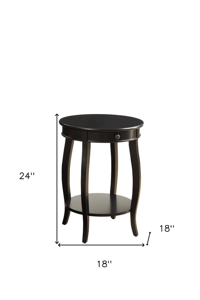 Black Wood Round End Table with Drawer and Shelf - 24-inch