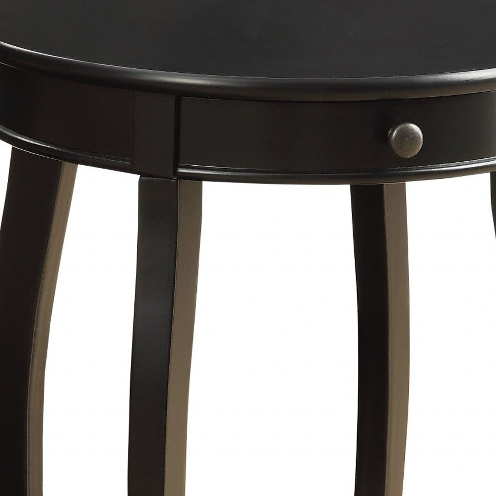 Black Wood Round End Table with Drawer and Shelf - 24-inch