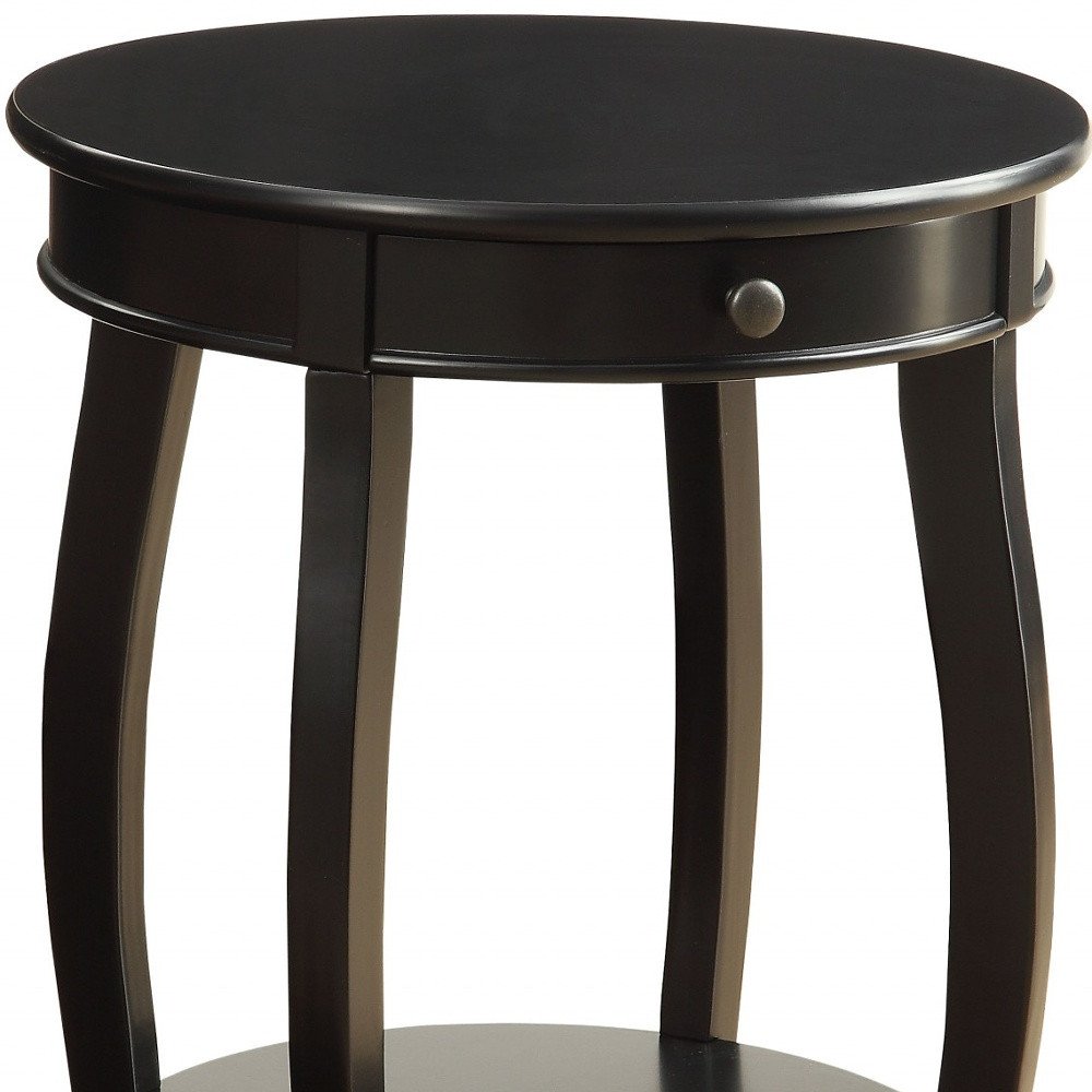 Black Wood Round End Table with Drawer and Shelf - 24-inch