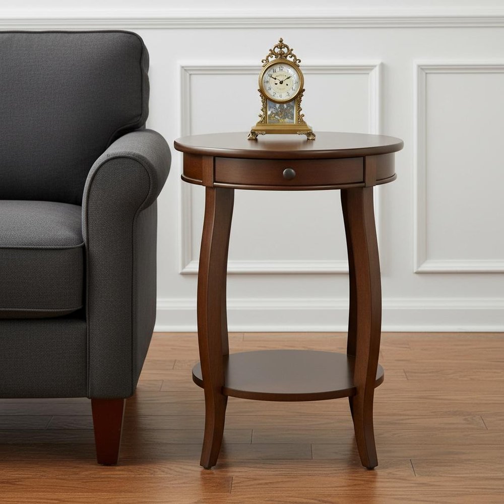 Black Wood Round End Table with Drawer and Shelf - 24-inch