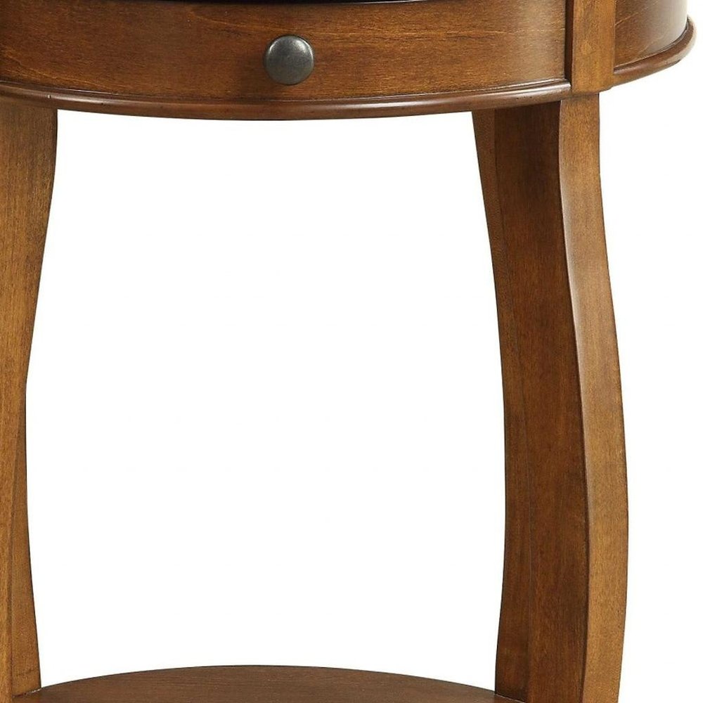 Black Wood Round End Table with Drawer and Shelf - 24-inch