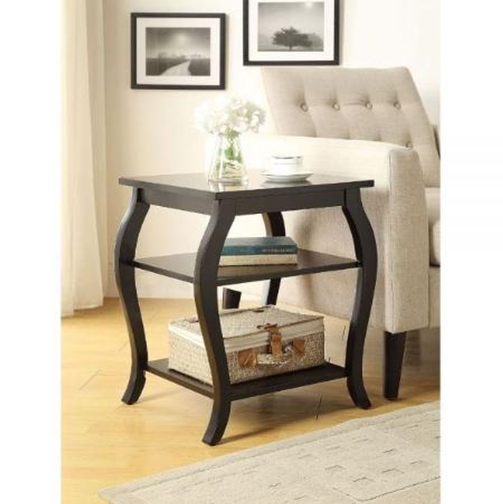 Black Wood Bow Leg End Table with Two Shelves - 23-inch