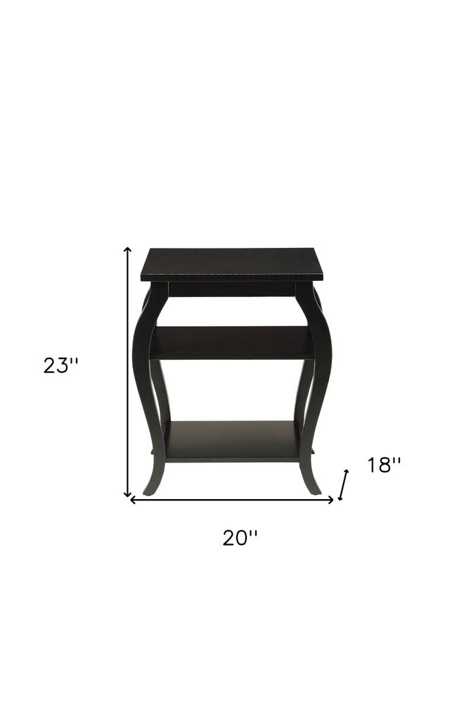 Black Wood Bow Leg End Table with Two Shelves - 23-inch