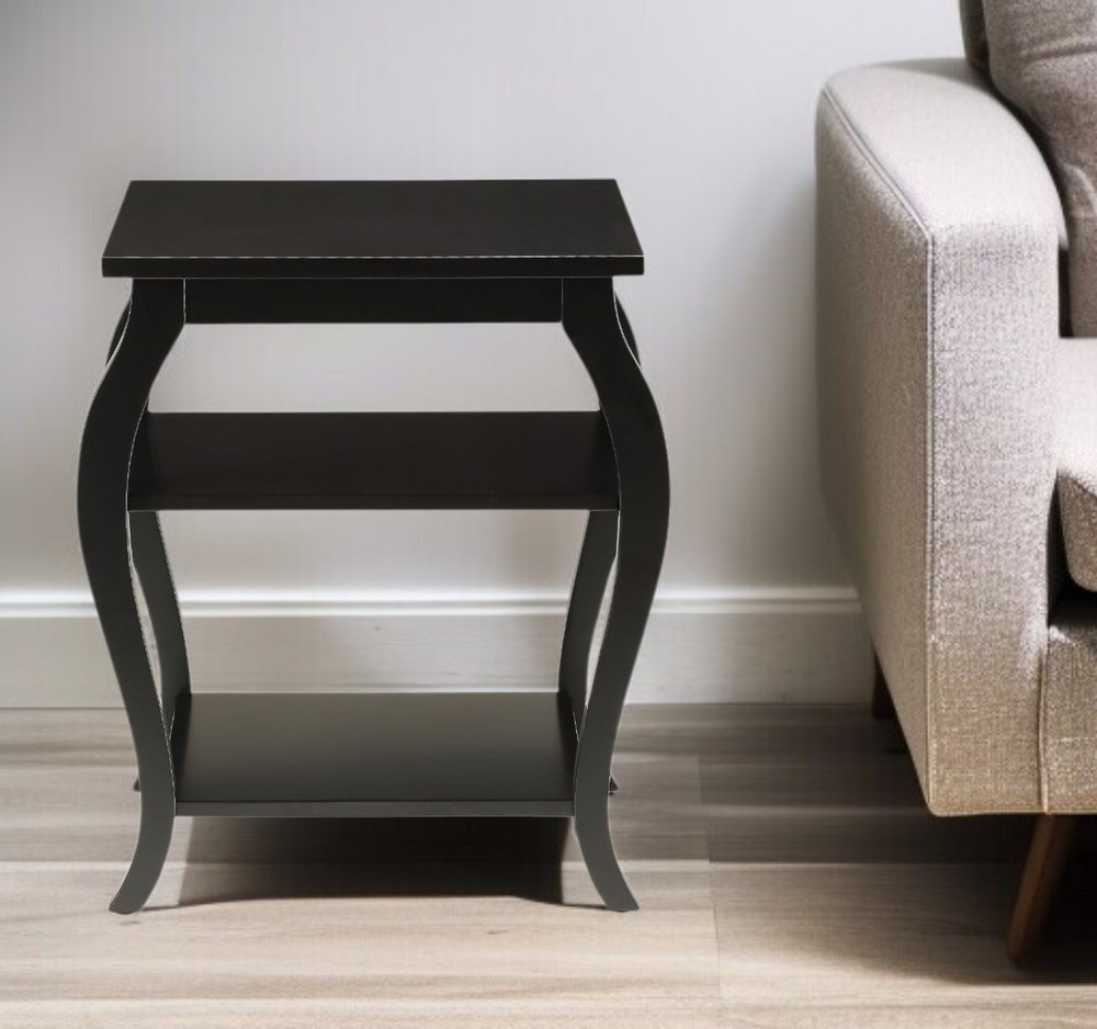 Black Wood Bow Leg End Table with Two Shelves - 23-inch