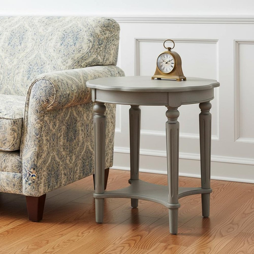 Light Slate Gray Solid Wood Round End Table with Shelf - 24-inch