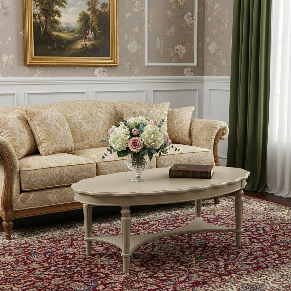 Antiqued White Solid Wood Oval Distressed Coffee Table - 50-inch