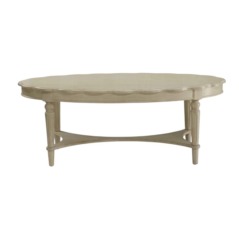 Antiqued White Solid Wood Oval Distressed Coffee Table - 50-inch