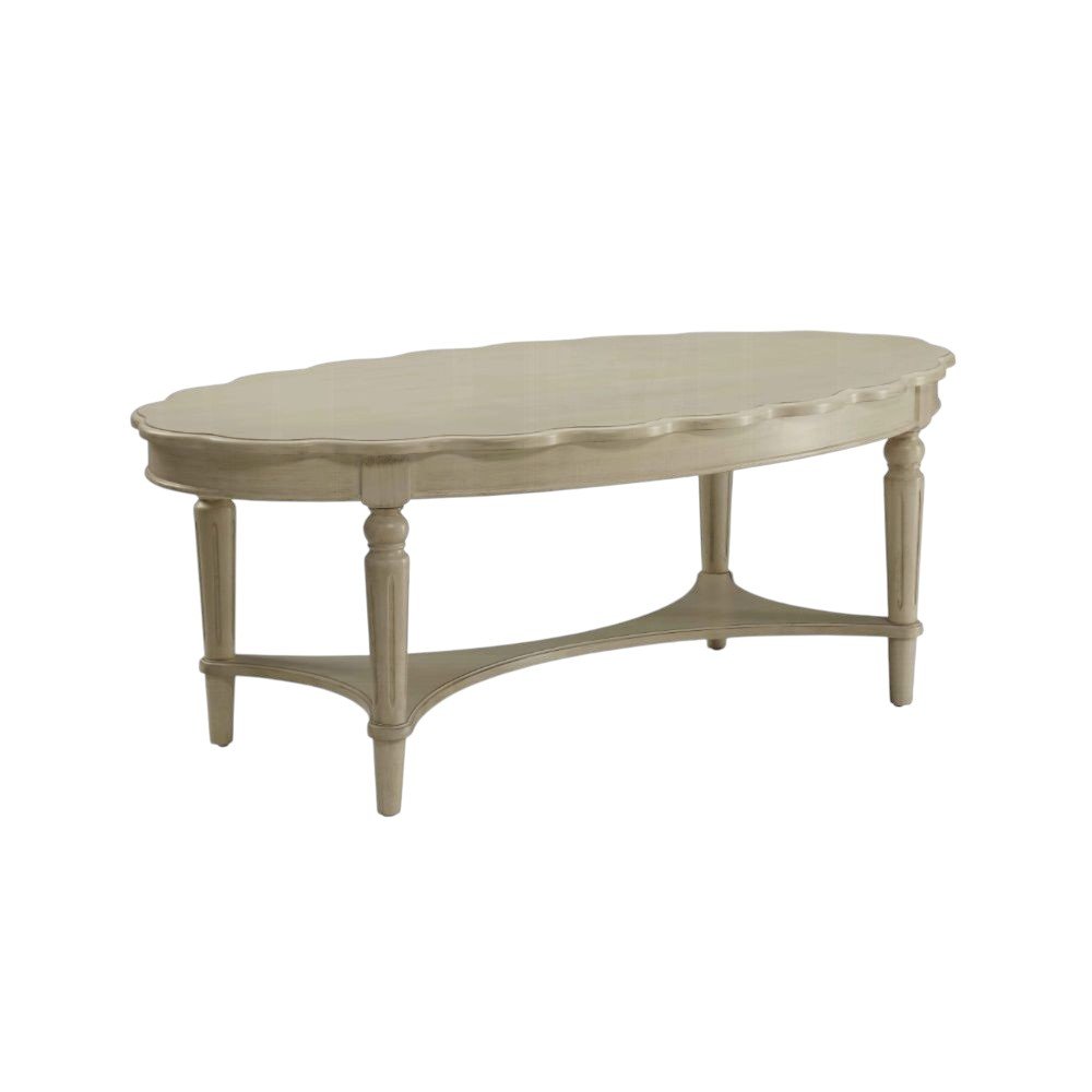 Antiqued White Solid Wood Oval Distressed Coffee Table - 50-inch