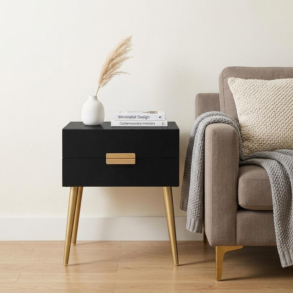 Black and Gold Wood and Iron End Table with Two Drawers - 24-inch