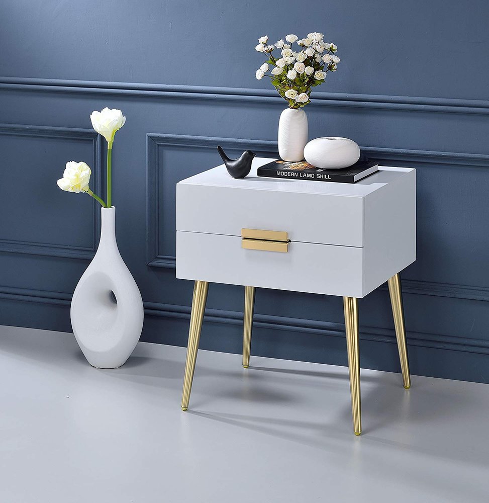 Black and Gold Wood and Iron End Table with Two Drawers - 24-inch