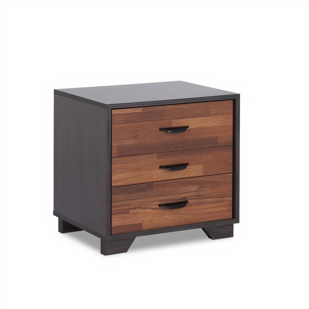 Espresso and Walnut Brown Three Drawer Wood Nightstand - 19-inch
