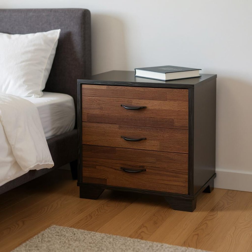 Espresso and Walnut Brown Three Drawer Wood Nightstand - 19-inch