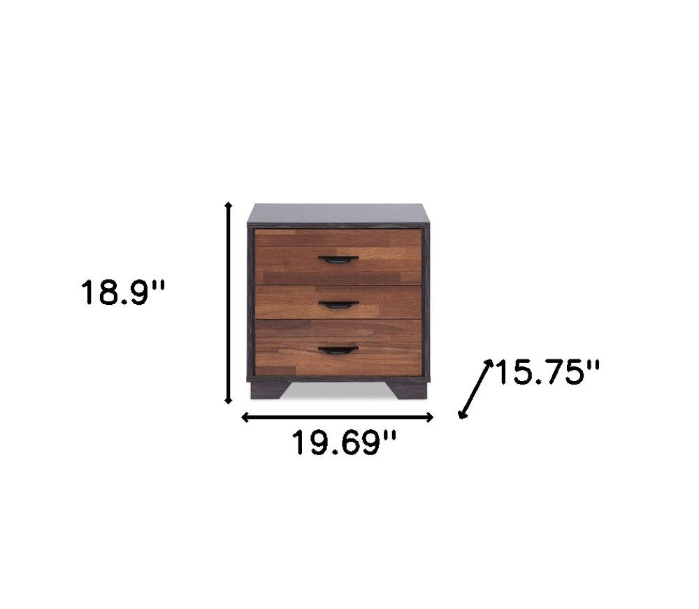 Espresso and Walnut Brown Three Drawer Wood Nightstand - 19-inch