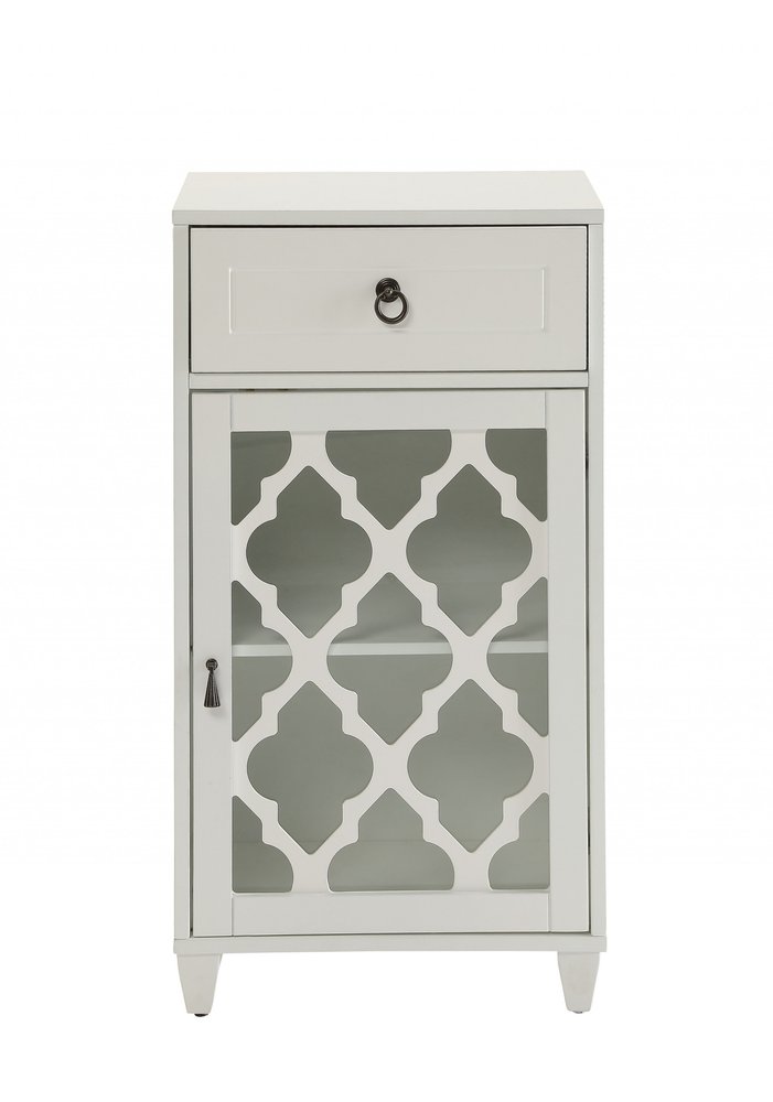 White Fret Work Design Glass Door Accent Cabinet - 17-inch