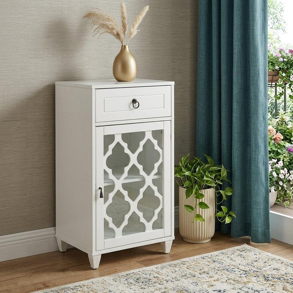 White Fret Work Design Glass Door Accent Cabinet - 17-inch