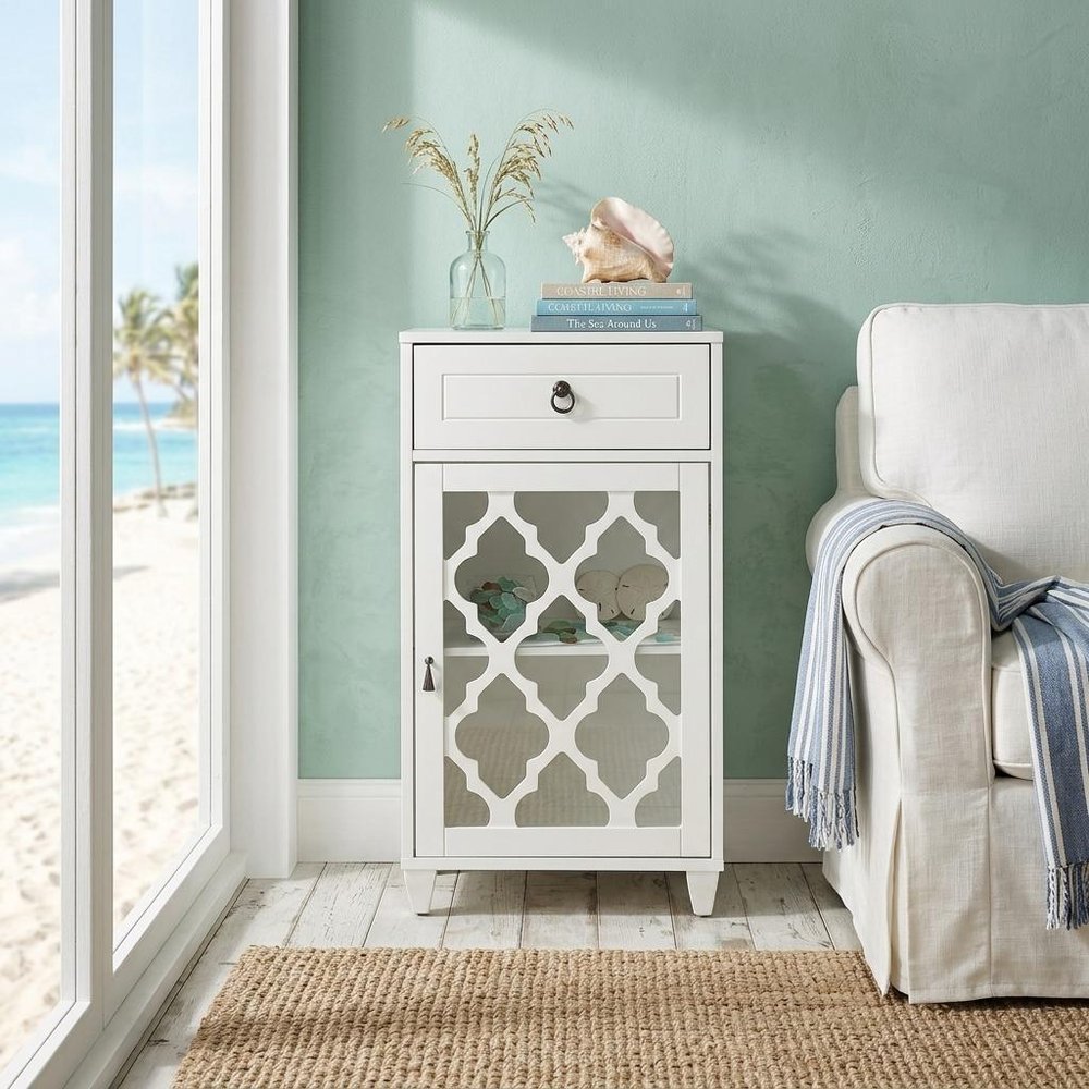 White Fret Work Design Glass Door Accent Cabinet - 17-inch