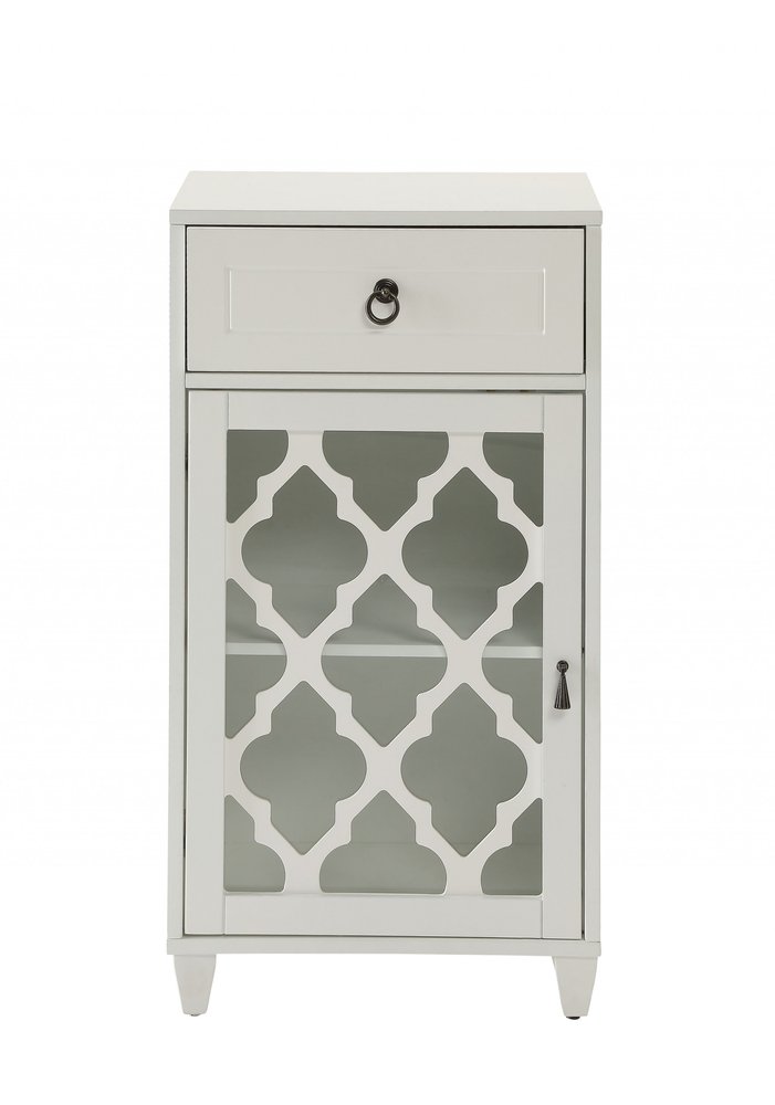 White Fret Work Design Glass Door Accent Cabinet - 17-inch