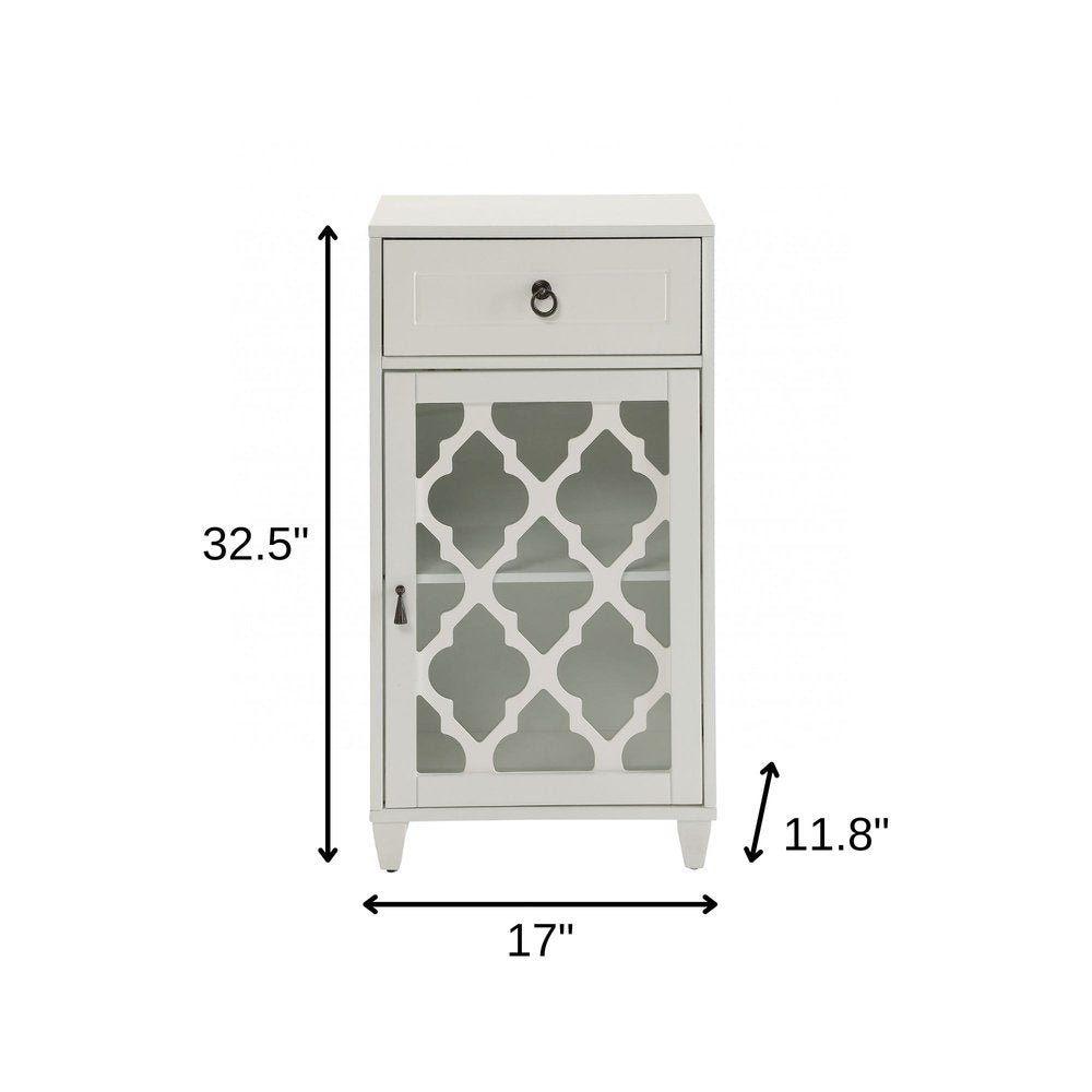 White Fret Work Design Glass Door Accent Cabinet - 17-inch