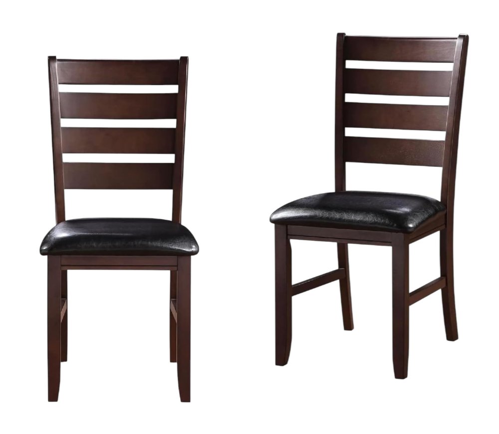 Set of Two Black and Brown Faux Leather Wood Slat Back Dining Side Chairs