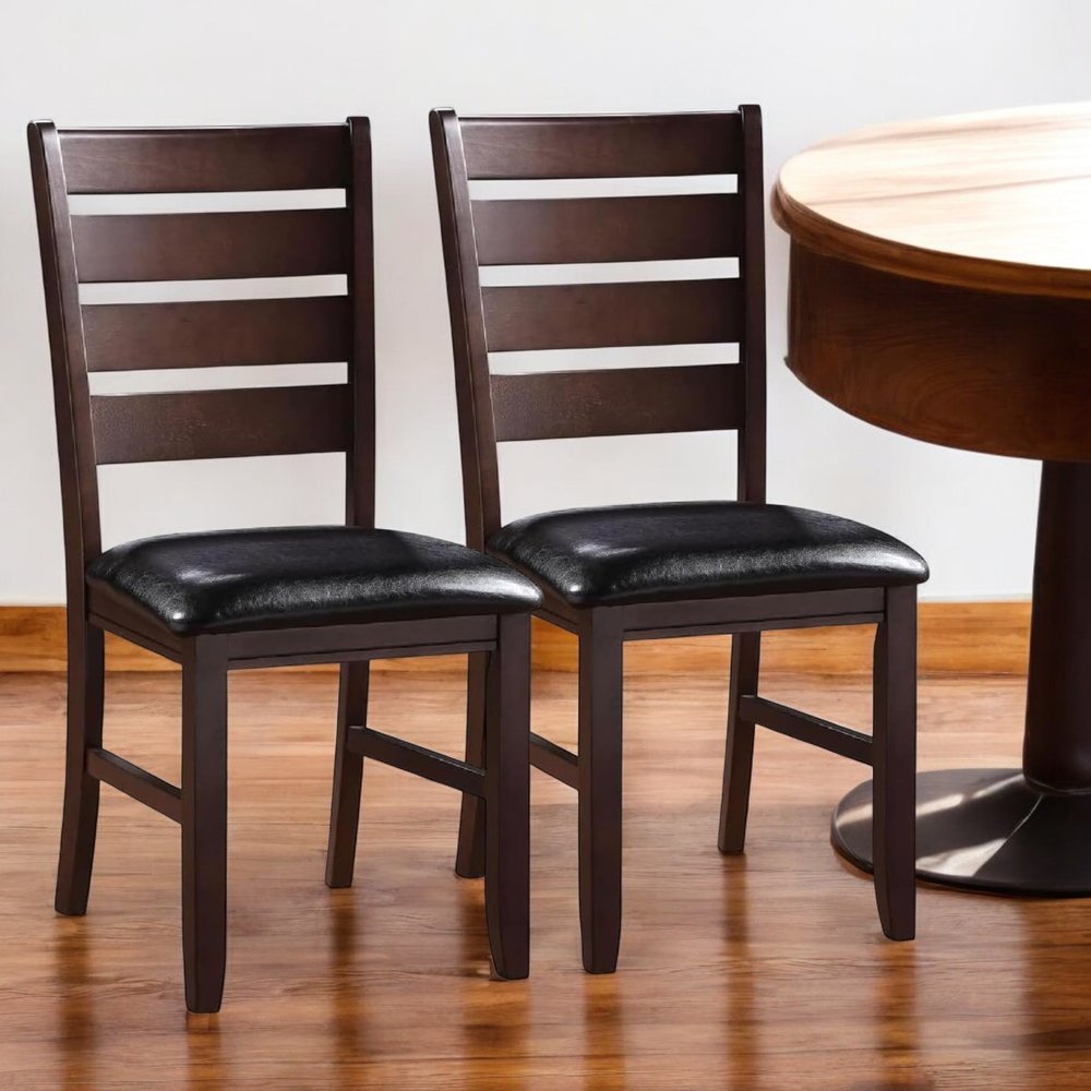 Set of Two Black and Brown Faux Leather Wood Slat Back Dining Side Chairs