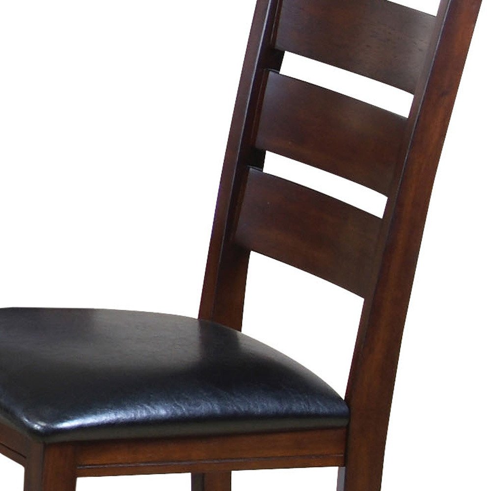 Set of Two Black and Brown Faux Leather Wood Slat Back Dining Side Chairs