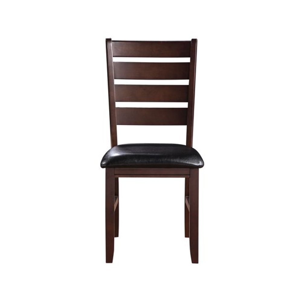 Set of Two Black and Brown Faux Leather Wood Slat Back Dining Side Chairs