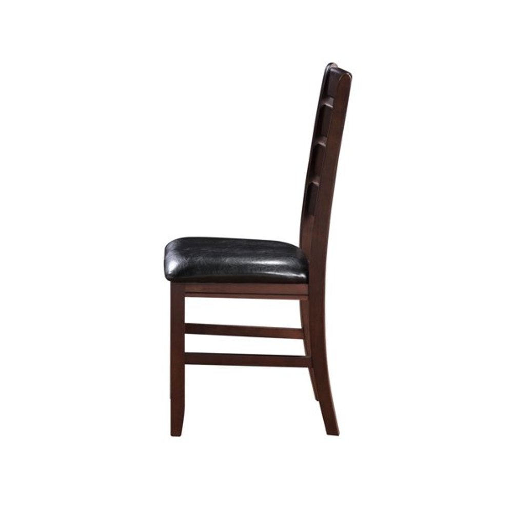 Set of Two Black and Brown Faux Leather Wood Slat Back Dining Side Chairs