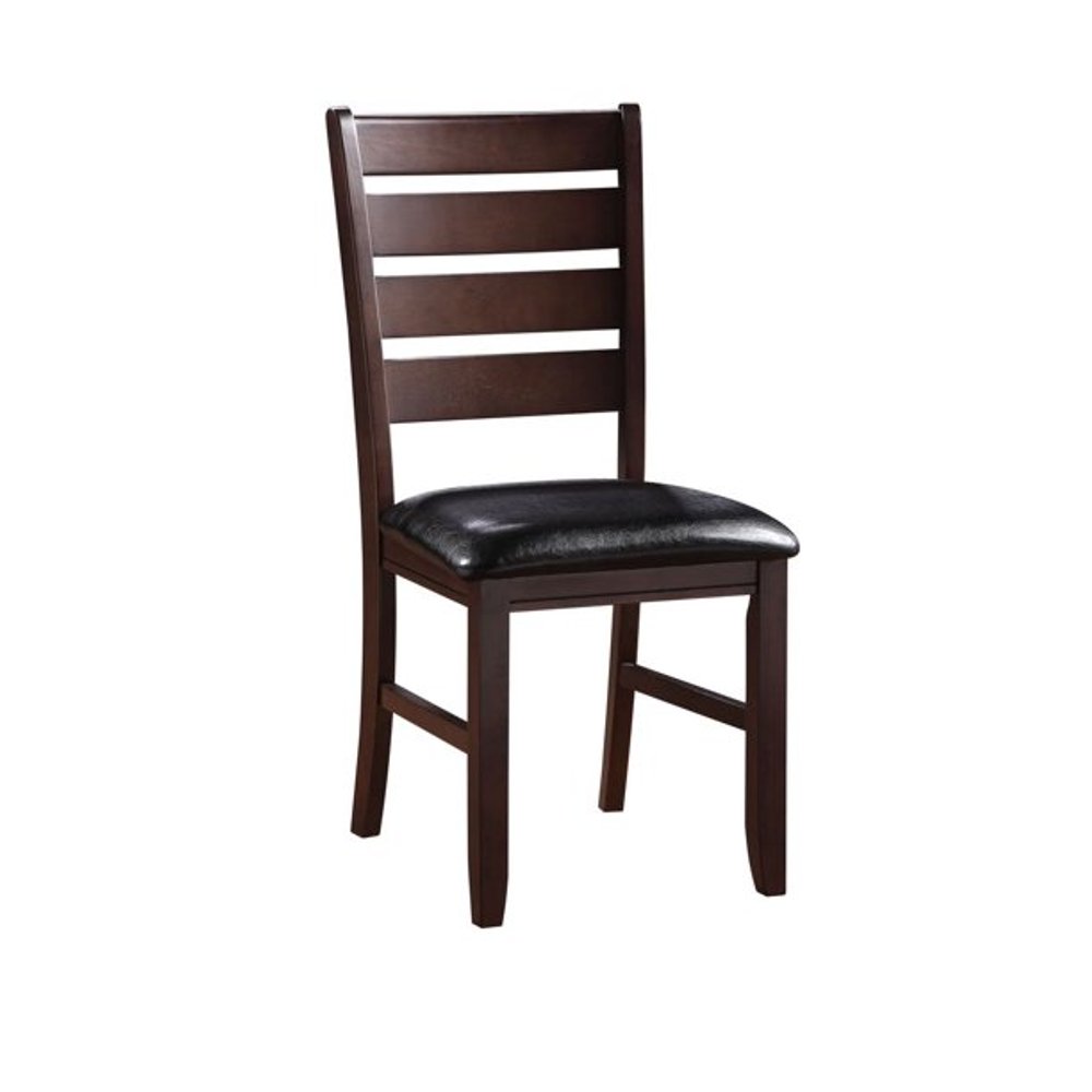 Set of Two Black and Brown Faux Leather Wood Slat Back Dining Side Chairs