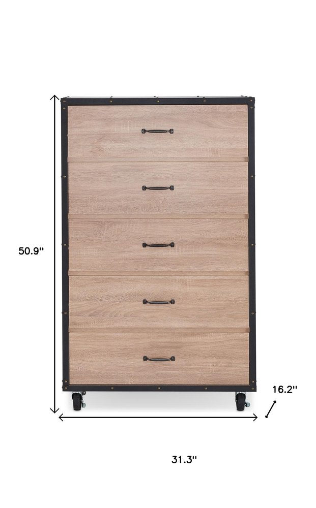 Oak Wood Five Drawer Dresser - 31-inch