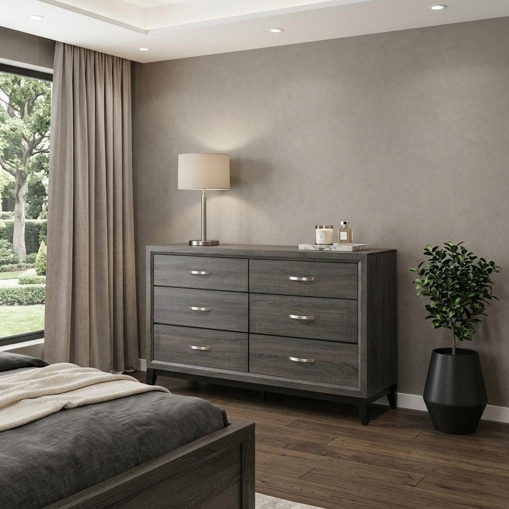 Gray Wood Six Drawer Double Dresser - 58-inch