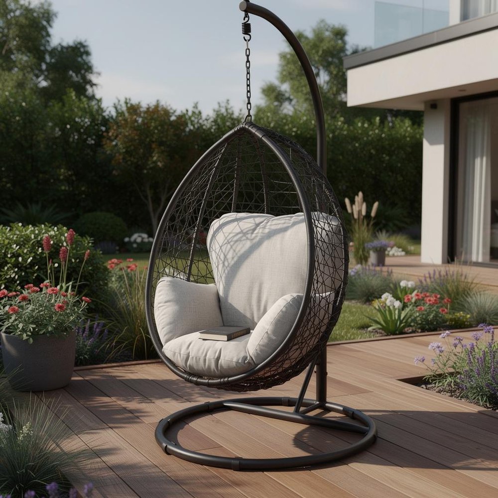 Black Metal Swing Chair with Beige Cushion - 38-inch