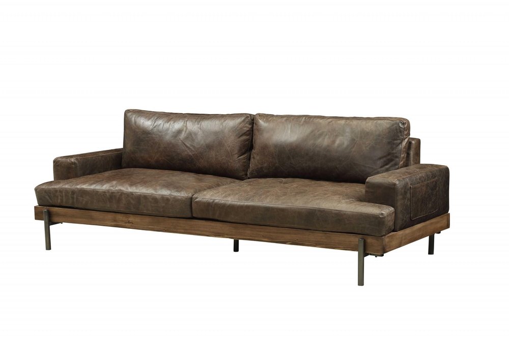 Chocolate Top Grain Leather Sofa with Black Legs - 95-inch
