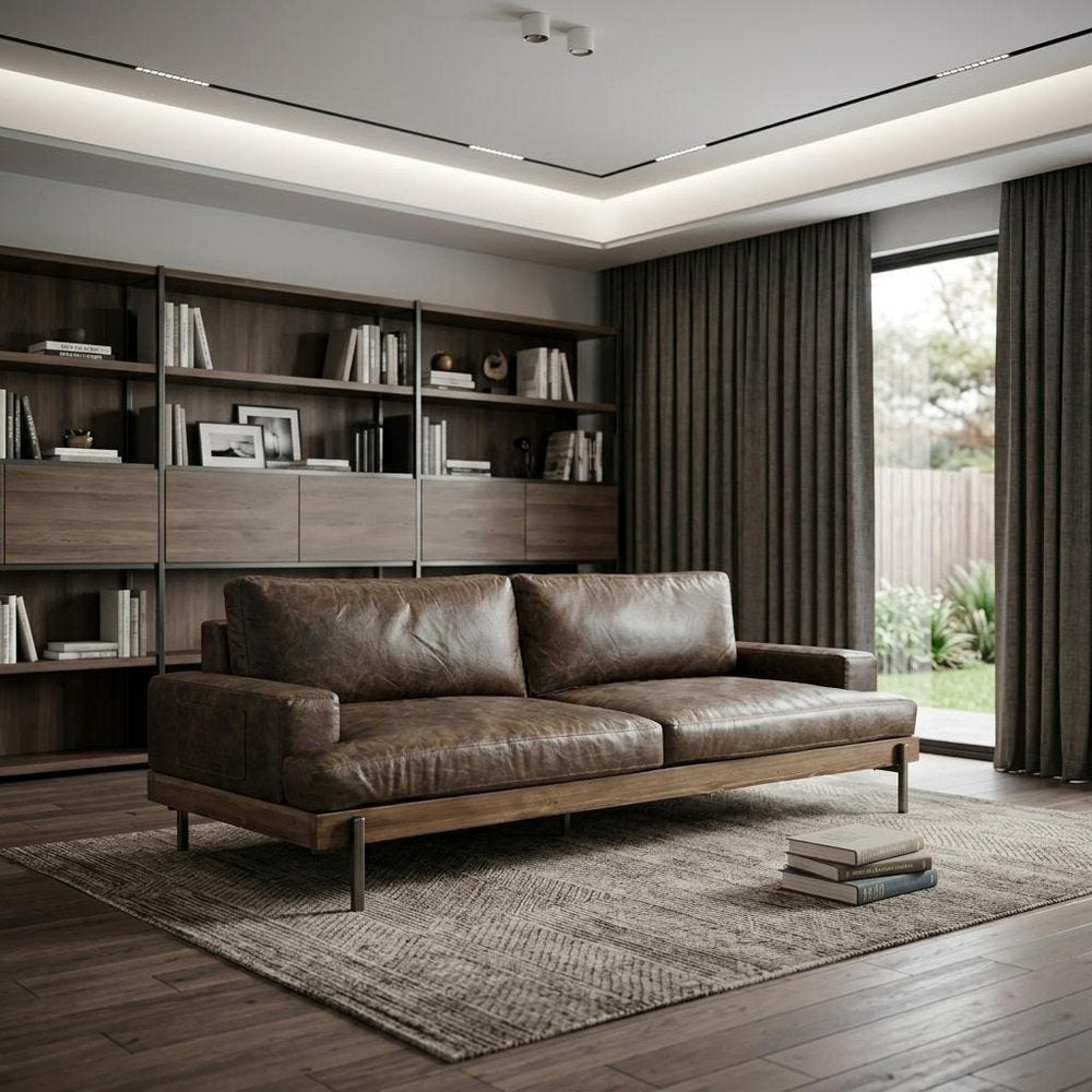 Chocolate Top Grain Leather Sofa with Black Legs - 95-inch