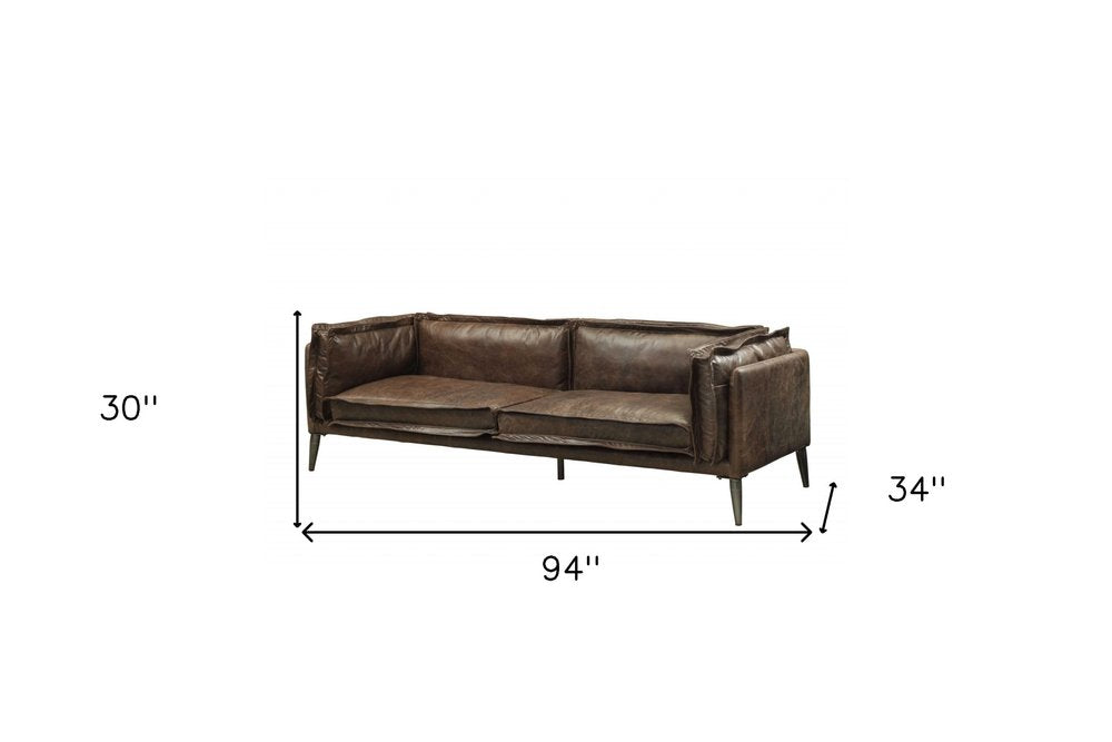 Chocolate Top Grain Leather Sofa with Dark Brown Legs - 94-inch