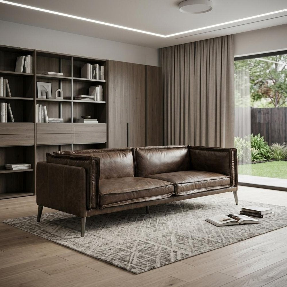 Chocolate Top Grain Leather Sofa with Dark Brown Legs - 94-inch