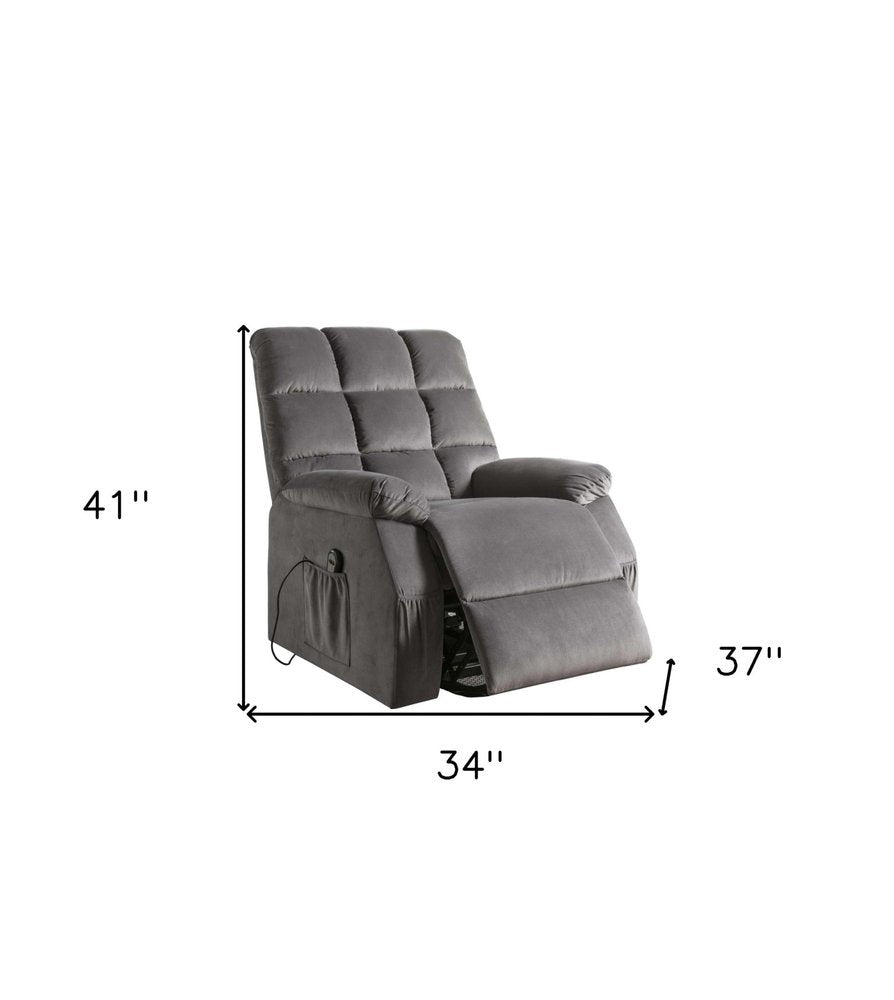 Gray Velvet Power Heated Massage Recliner - 34-inch