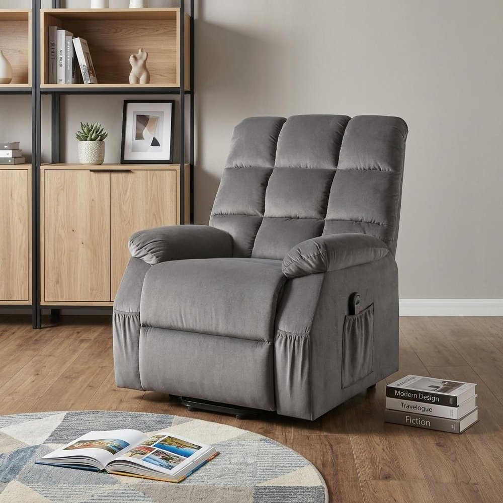 Gray Velvet Power Heated Massage Recliner - 34-inch