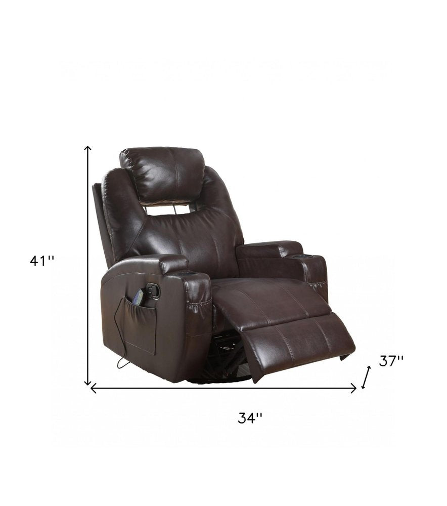 Brown Faux Leather Heated Massage Home Theater Recliner - 34-inch