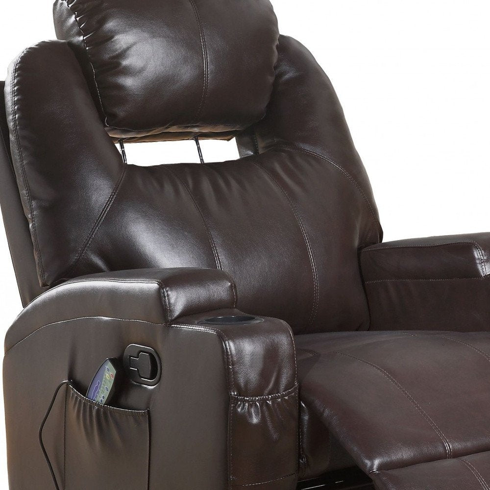 Brown Faux Leather Heated Massage Home Theater Recliner - 34-inch