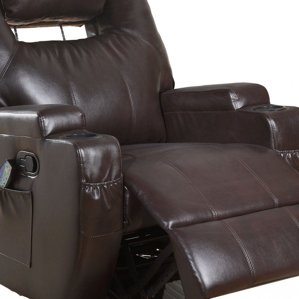 Brown Faux Leather Heated Massage Home Theater Recliner - 34-inch