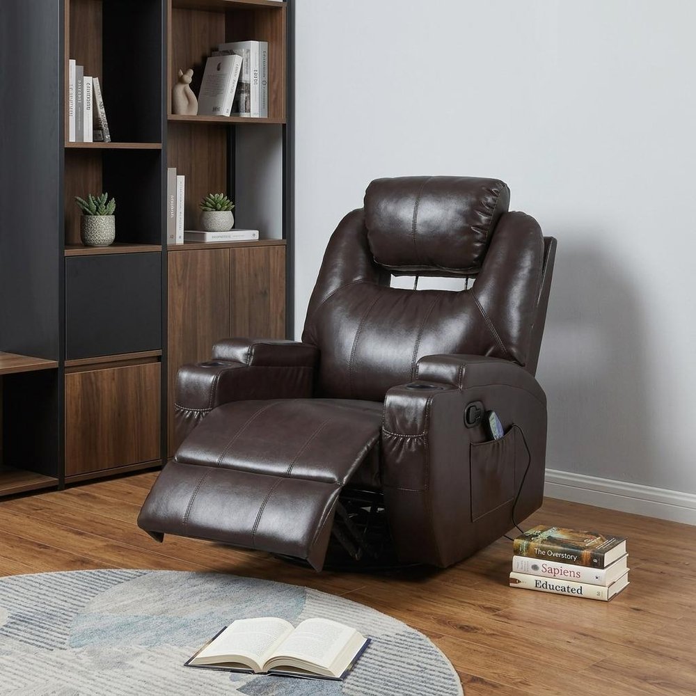 Brown Faux Leather Heated Massage Home Theater Recliner - 34-inch