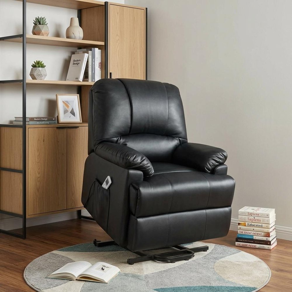 Black Faux Leather Power Massage Lift Assist Recliner - 34-inch