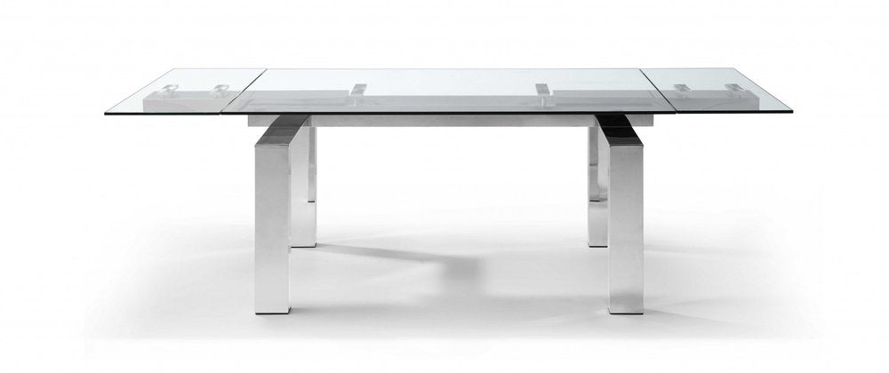 Clear and Silver Glass and Stainless Steel Self-Storing Leaf Dining Table