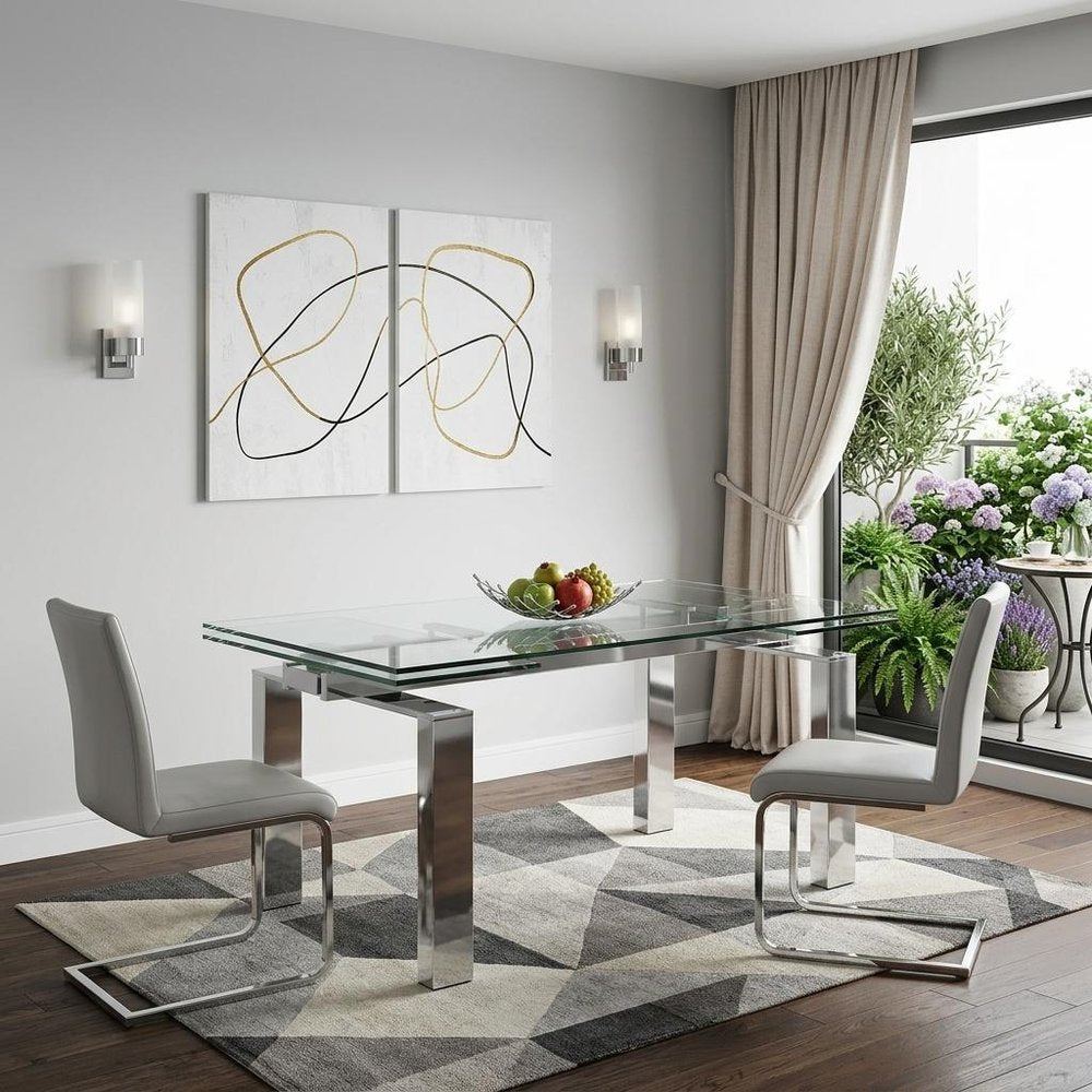 Clear and Silver Glass and Stainless Steel Self-Storing Leaf Dining Table