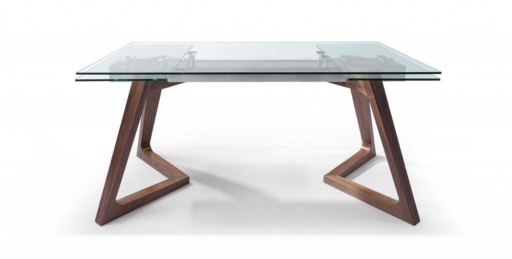 Clear and Brown Glass and Solid Wood Self-Storing Leaf Dining Table - 63-inch