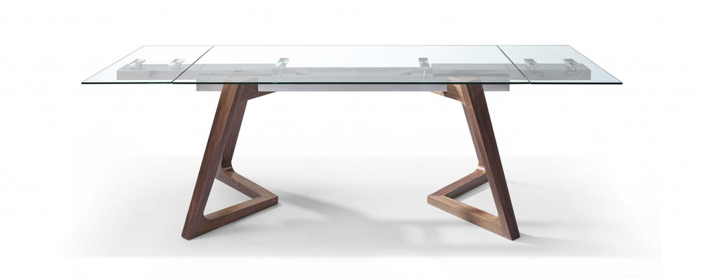 Clear and Brown Glass and Solid Wood Self-Storing Leaf Dining Table - 63-inch