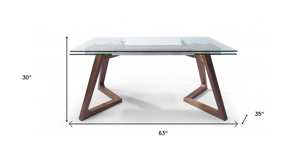 Clear and Brown Glass and Solid Wood Self-Storing Leaf Dining Table - 63-inch