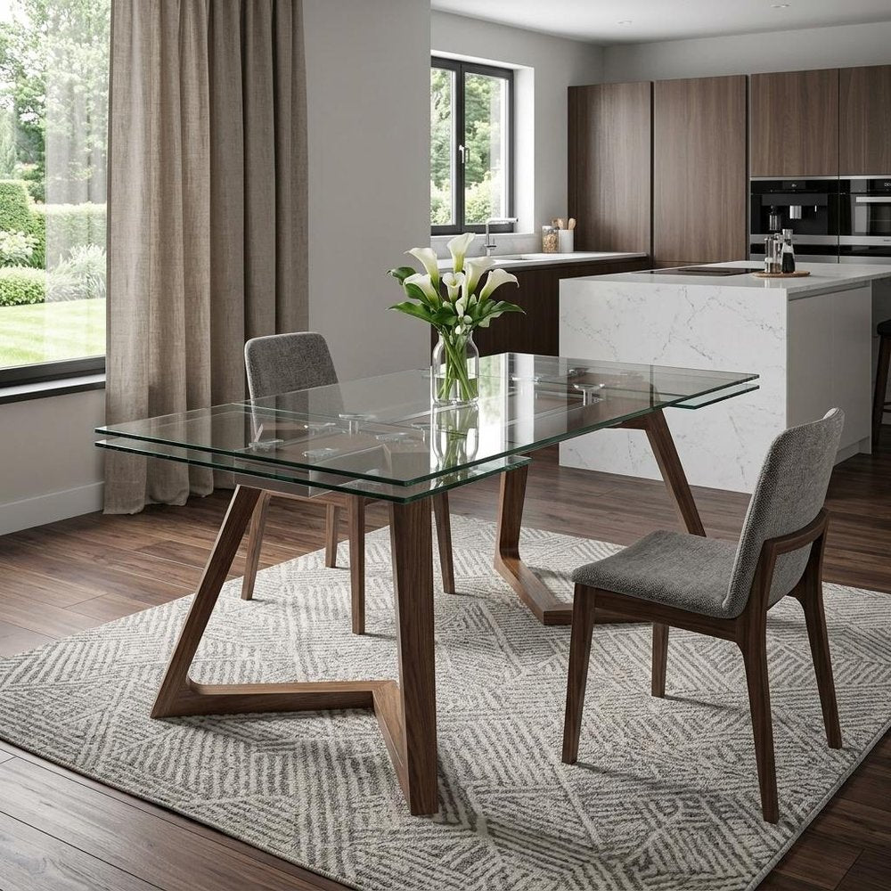 Clear and Brown Glass and Solid Wood Self-Storing Leaf Dining Table - 63-inch