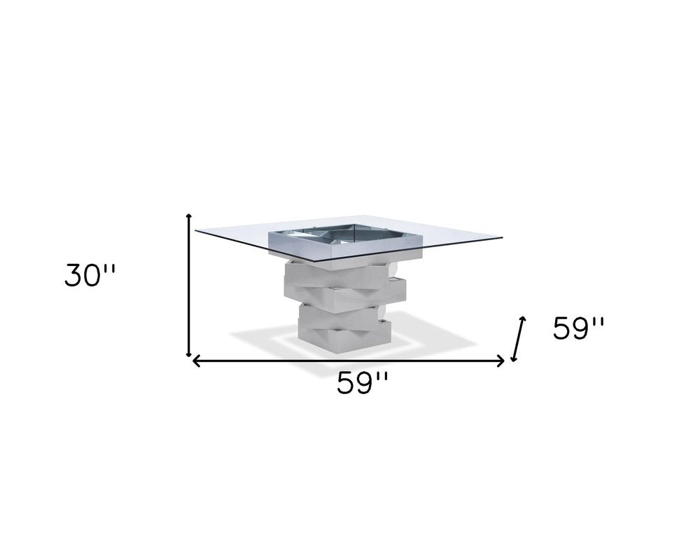 Clear and Gray Square Glass and Solid Wood Pedestal Base Dining Table - 59-inch
